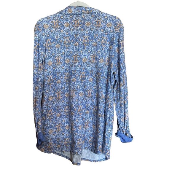 J Jill Large Blue Multicolor Paisley Print Button Up Tunic Top Stretch Blouse - Picture 5 of 8